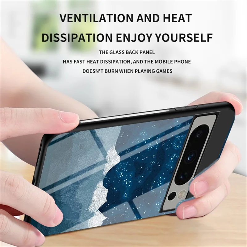 For Google Pixel 8 Pro Tempered Glass Back Cover Starry Sky Pattern PC+TPU Phone Case - Starry Crescent Moon