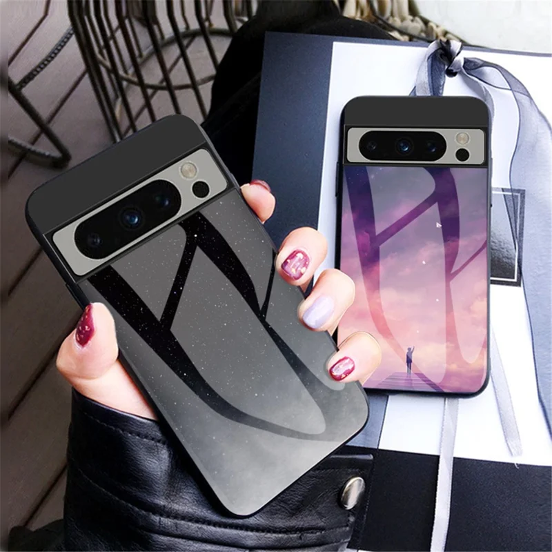 For Google Pixel 8 Pro Tempered Glass Back Cover Starry Sky Pattern PC+TPU Phone Case - Starry Crescent Moon