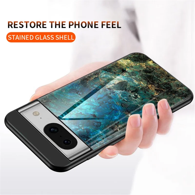 For Google Pixel 8 Marble Pattern Tempered Glass Case PC+TPU Protective Phone Cover - Emerald Marble