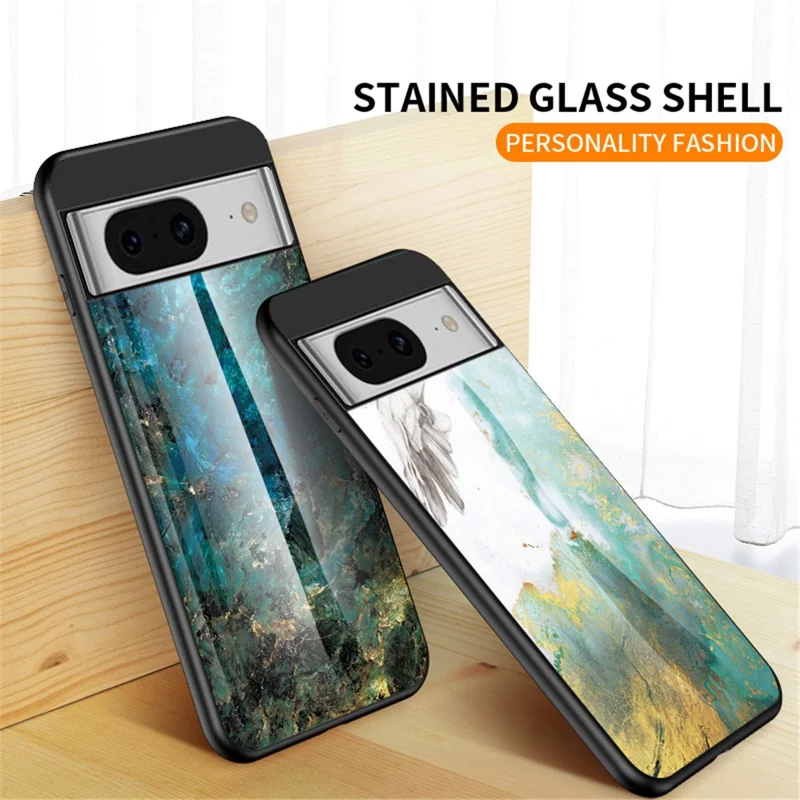 For Google Pixel 8 Marble Pattern Tempered Glass Case PC+TPU Protective Phone Cover - Emerald Marble