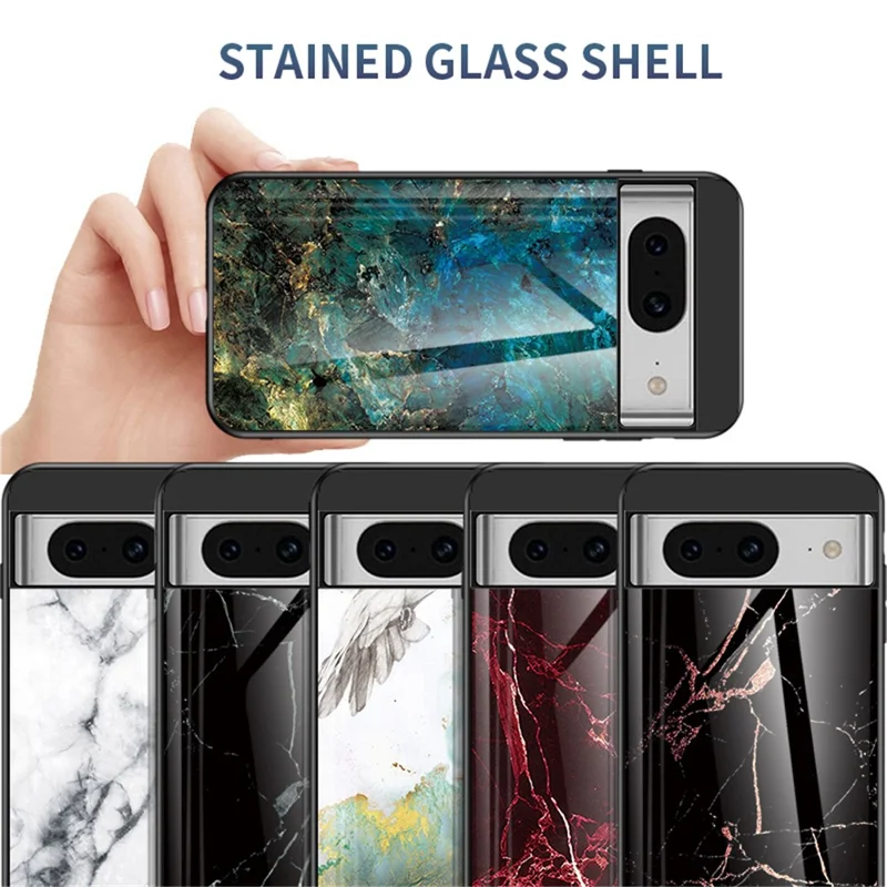 For Google Pixel 8 Marble Pattern Tempered Glass Case PC+TPU Protective Phone Cover - Emerald Marble
