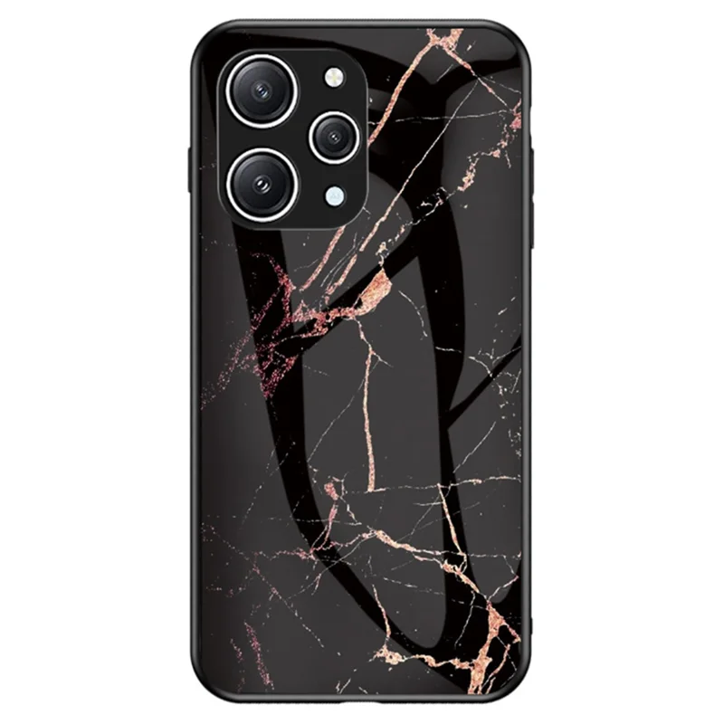 For Xiaomi Redmi 12 4G Shockproof Hybrid Case Tempered Glass+ PC+TPU Marble Pattern Phone Cover - Gold Black Marble