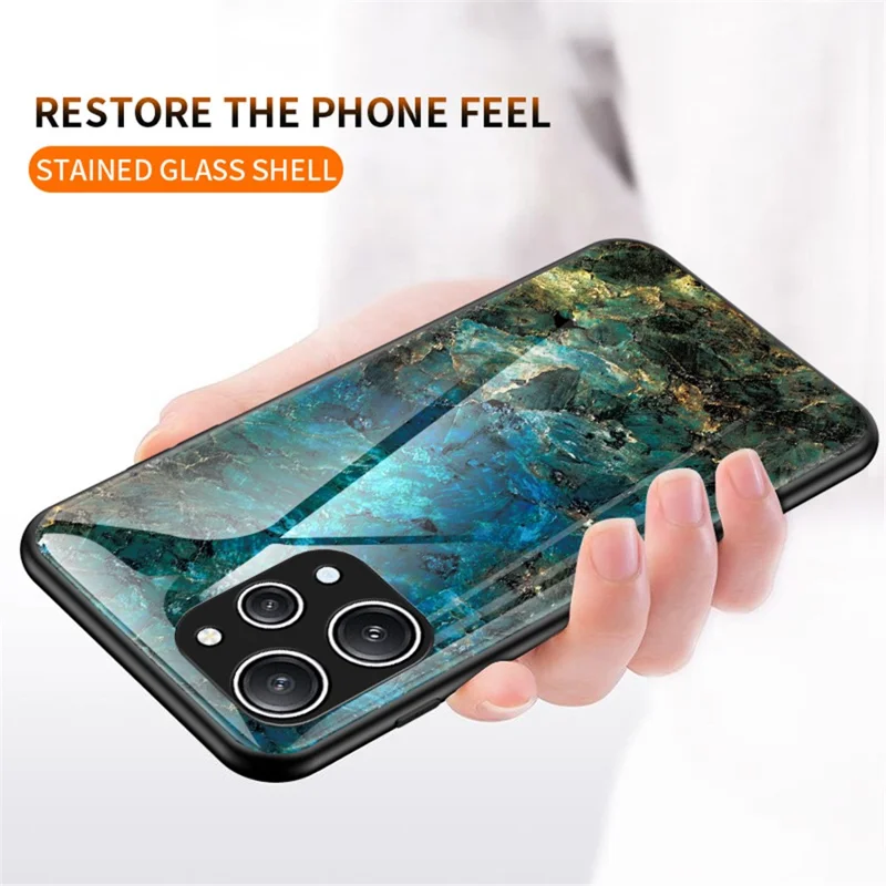 For Xiaomi Redmi 12 4G Shockproof Hybrid Case Tempered Glass+ PC+TPU Marble Pattern Phone Cover - Gold Black Marble