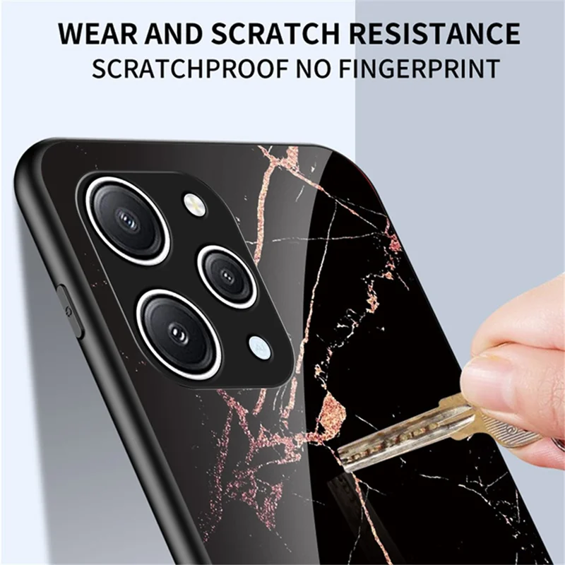 For Xiaomi Redmi 12 4G Shockproof Hybrid Case Tempered Glass+ PC+TPU Marble Pattern Phone Cover - Gold Black Marble