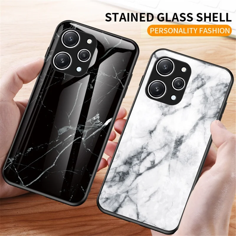 For Xiaomi Redmi 12 4G Shockproof Hybrid Case Tempered Glass+ PC+TPU Marble Pattern Phone Cover - Gold Black Marble