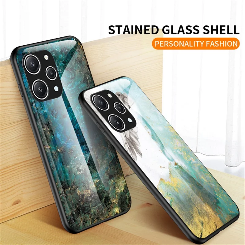 For Xiaomi Redmi 12 4G Shockproof Hybrid Case Tempered Glass+ PC+TPU Marble Pattern Phone Cover - Gold Black Marble