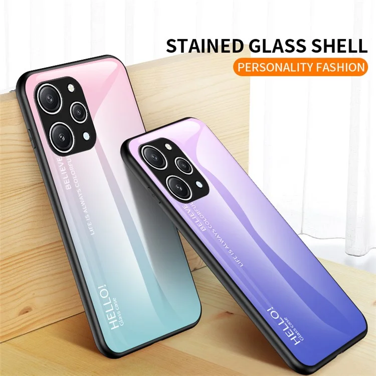 Para Xiaomi Redmi 12 4G Gradient Tempered Glass Case PC+TPU Scratch-Resistant Phone Cover - Gradient Pink Purple