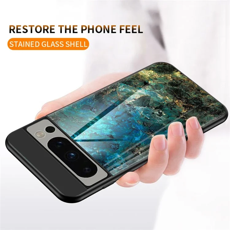 For Google Pixel 8 Pro Tempered Glass Cover Marble Pattern PC+TPU Anti-Scratch Phone Case - Emerald Marble