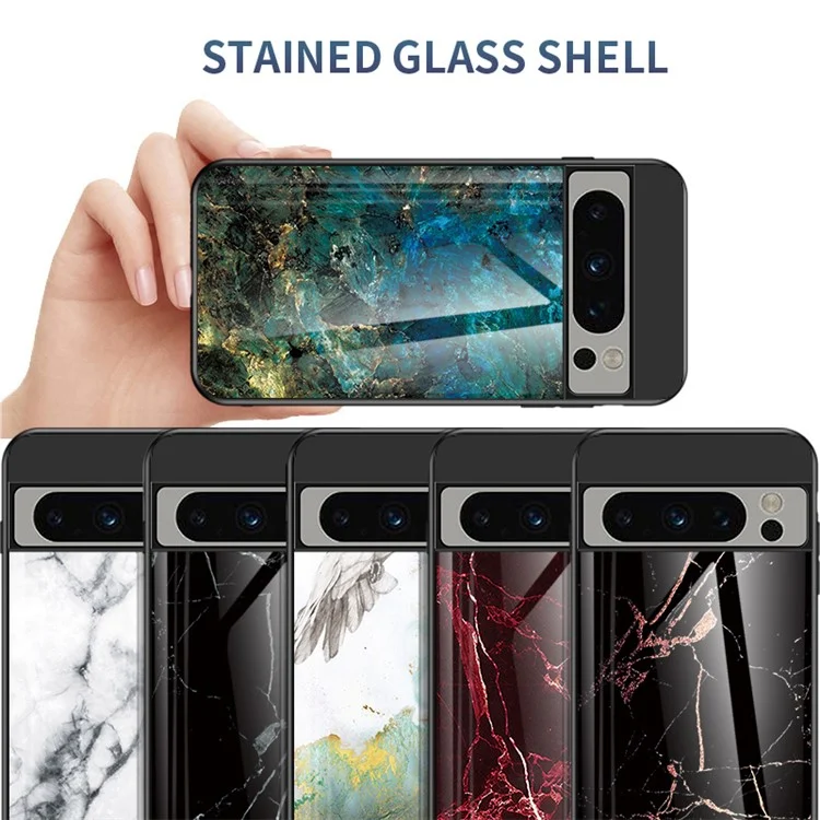 For Google Pixel 8 Pro Tempered Glass Cover Marble Pattern PC+TPU Anti-Scratch Phone Case - Emerald Marble