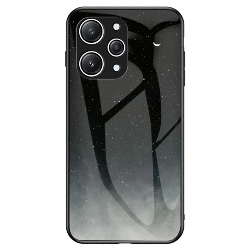 For Xiaomi Redmi 12 4G Tempered Glass Starry Sky Pattern Cover PC+TPU Shock Protective Phone Case - Starry Crescent Moon