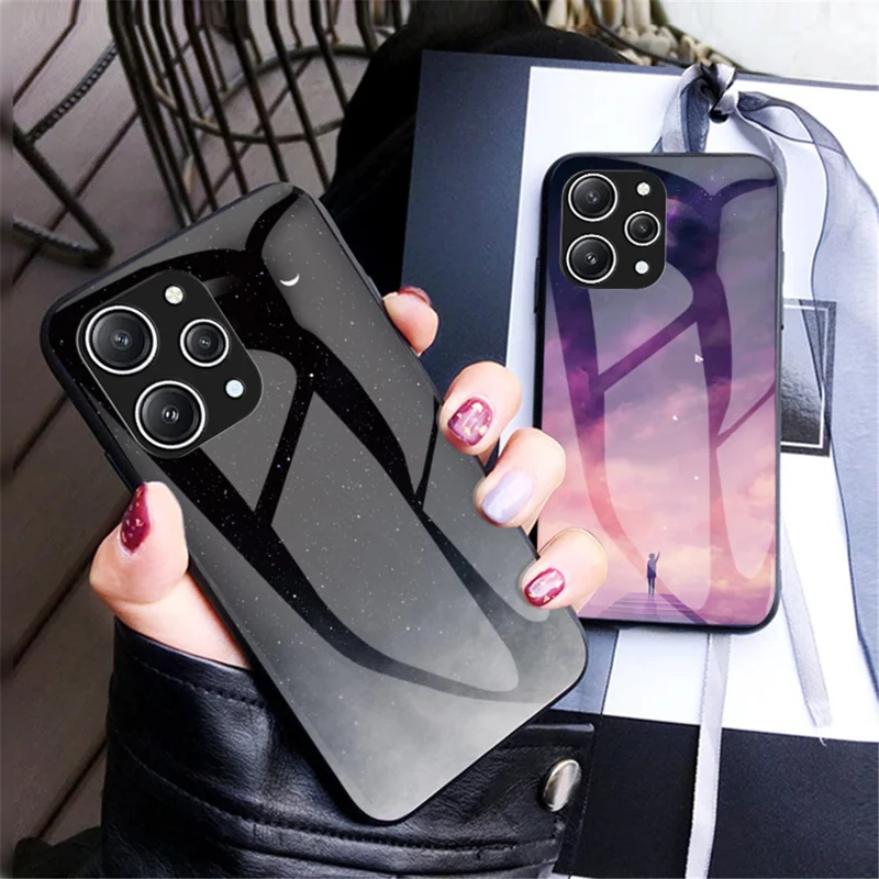 For Xiaomi Redmi 12 4G Tempered Glass Starry Sky Pattern Cover PC+TPU Shock Protective Phone Case - Starry Crescent Moon