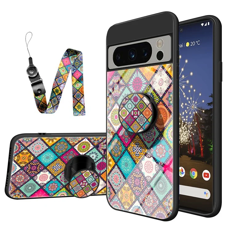 For Google Pixel 8 Pro Flower Pattern Kickstand Case PC+TPU+Tempered Glass Phone Cover with Lanyard - Checkered Pattern