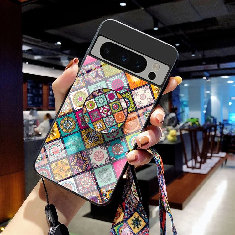 For Google Pixel 8 Pro Flower Pattern Kickstand Case PC+TPU+Tempered Glass Phone Cover with Lanyard - Checkered Pattern