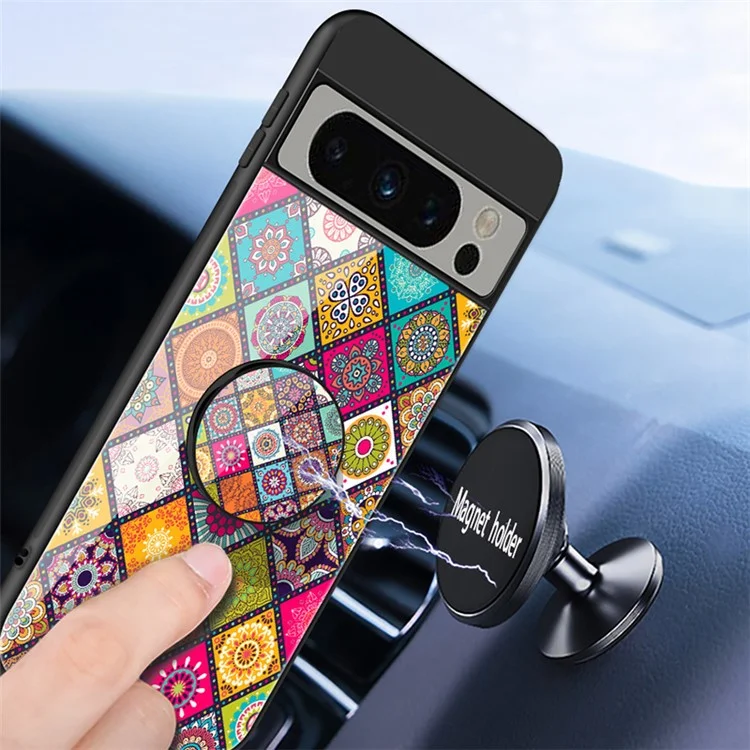 For Google Pixel 8 Pro Flower Pattern Kickstand Case PC+TPU+Tempered Glass Phone Cover with Lanyard - Checkered Pattern