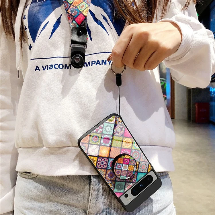 For Google Pixel 8 Pro Flower Pattern Kickstand Case PC+TPU+Tempered Glass Phone Cover with Lanyard - Checkered Pattern