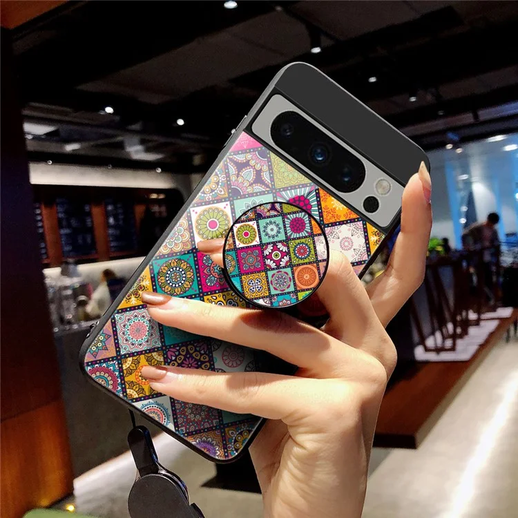 For Google Pixel 8 Pro Flower Pattern Kickstand Case PC+TPU+Tempered Glass Phone Cover with Lanyard - Checkered Pattern