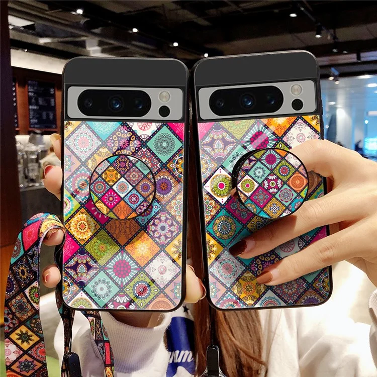 For Google Pixel 8 Pro Flower Pattern Kickstand Case PC+TPU+Tempered Glass Phone Cover with Lanyard - Checkered Pattern