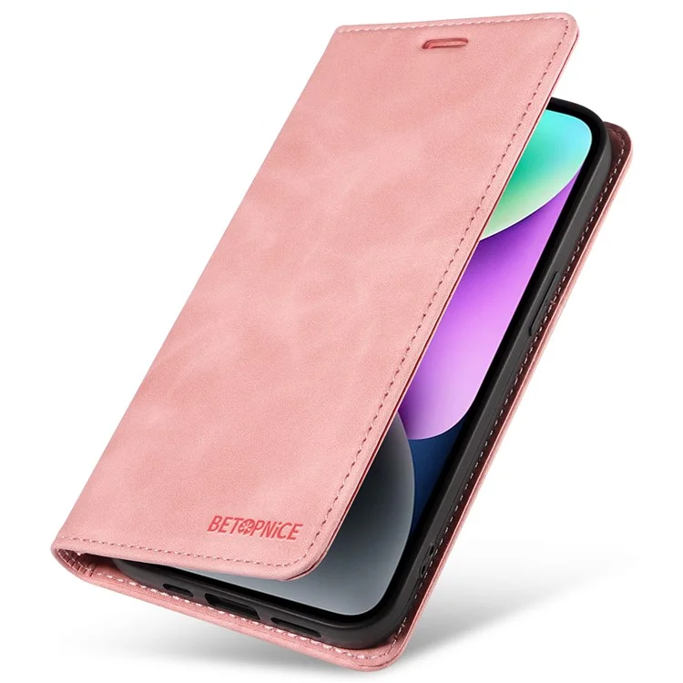 BETOPNICE 003 PU Leather Flip Cover for iPhone 15 Plus , RFID Blocking Stand Wallet Phone Case - Pink