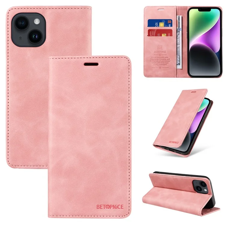 BETOPNICE 003 PU Leather Flip Cover for iPhone 15 Plus , RFID Blocking Stand Wallet Phone Case - Pink