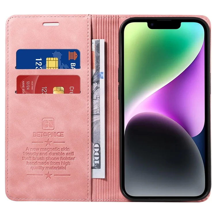 BETOPNICE 003 Для iPhone 15 Полностью обернутый PU-кожаный чехол с блокировкой RFID, подставка, кошелек и чехол для телефона - розовый