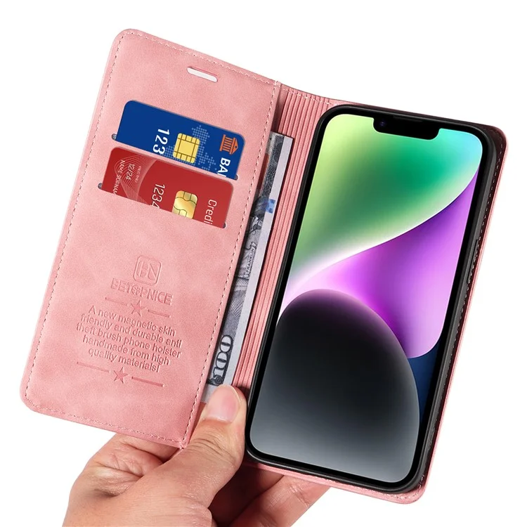 BETOPNICE 003 Для iPhone 15 Полностью обернутый PU-кожаный чехол с блокировкой RFID, подставка, кошелек и чехол для телефона - розовый