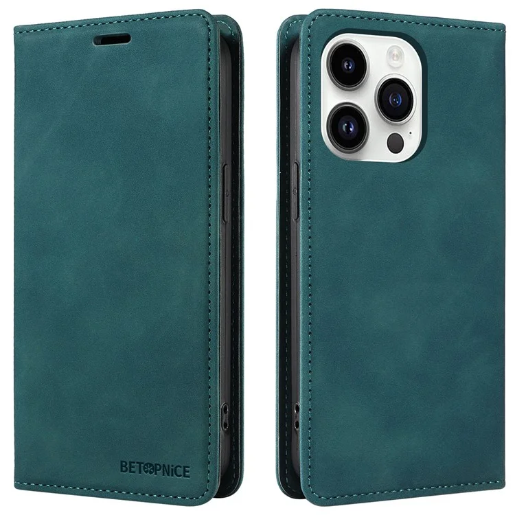 BETOPNICE 003 For iPhone 15 Pro Full Protection Phone Case PU Leather Cover RFID Blocking Stand Wallet Shell - Green