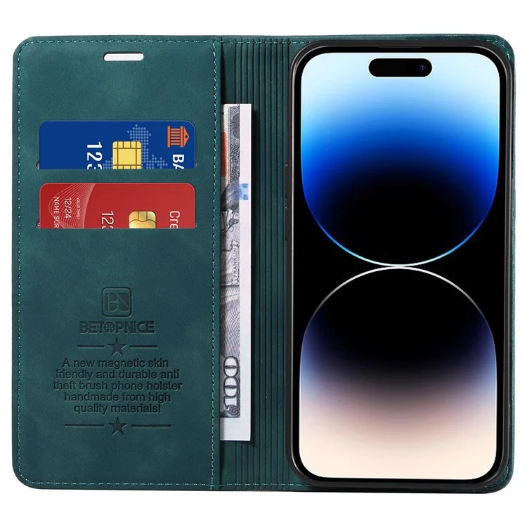 BETOPNICE 003 For iPhone 15 Pro Full Protection Phone Case PU Leather Cover RFID Blocking Stand Wallet Shell - Green