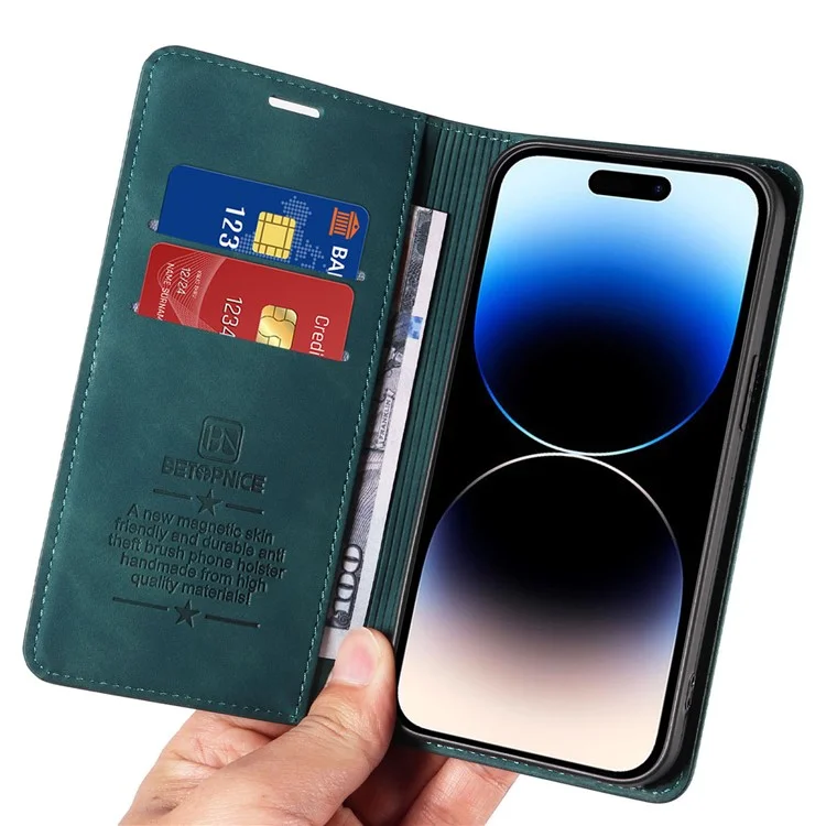BETOPNICE 003 For iPhone 15 Pro Full Protection Phone Case PU Leather Cover RFID Blocking Stand Wallet Shell - Green