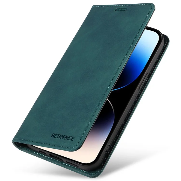 BETOPNICE 003 For iPhone 15 Pro Full Protection Phone Case PU Leather Cover RFID Blocking Stand Wallet Shell - Green