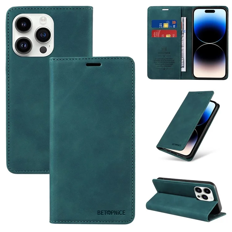 BETOPNICE 003 For iPhone 15 Pro Full Protection Phone Case PU Leather Cover RFID Blocking Stand Wallet Shell - Green