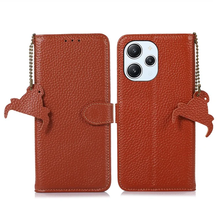 Para Xiaomi Redmi 12 4G RFID Blocking Wallet Case Litchi Texture Genuine Cow Leather Stand Cover - Marrom