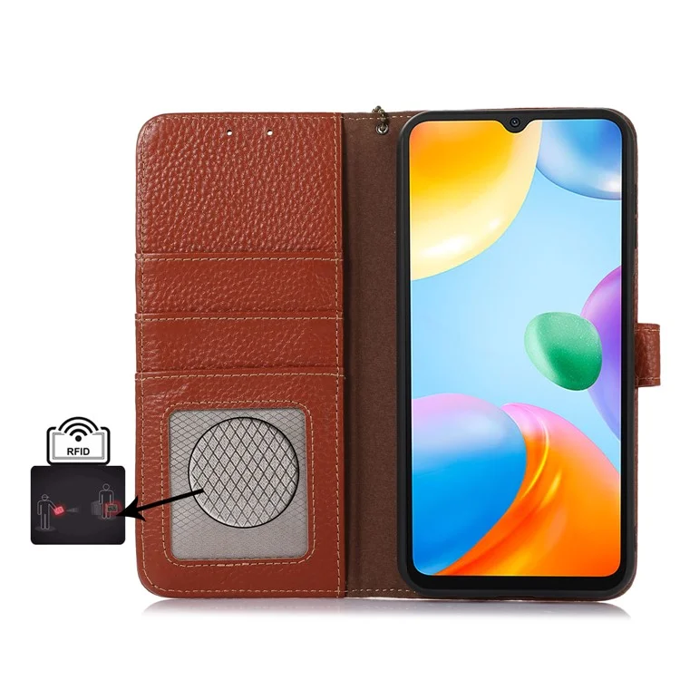 Para Xiaomi Redmi 12 4G RFID Blocking Wallet Case Litchi Texture Genuine Cow Leather Stand Cover - Marrom