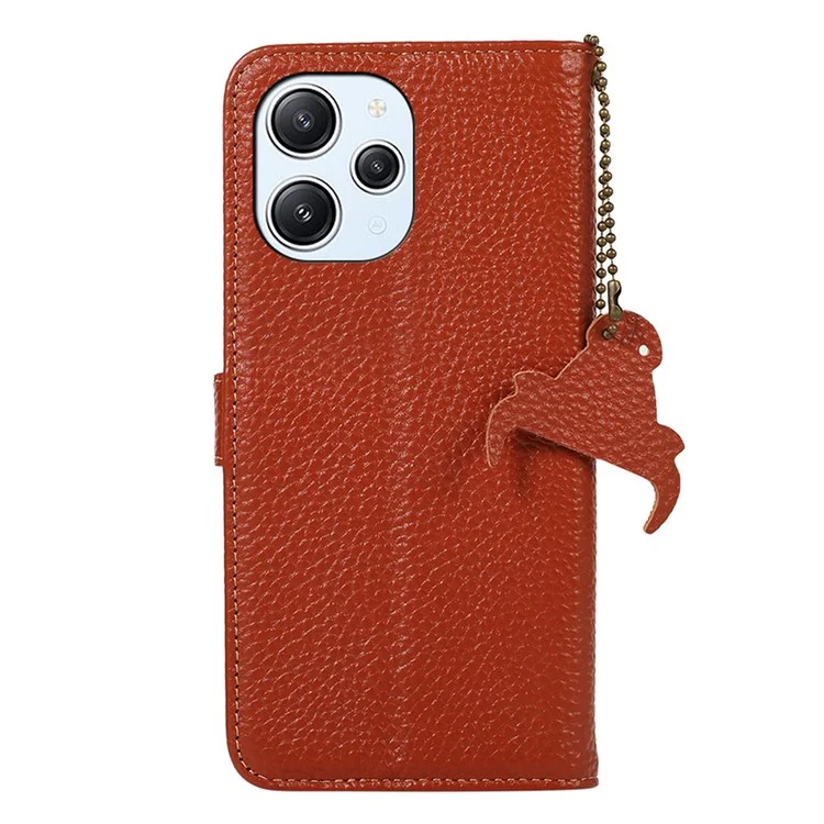 Para Xiaomi Redmi 12 4G RFID Blocking Wallet Case Litchi Texture Genuine Cow Leather Stand Cover - Marrom