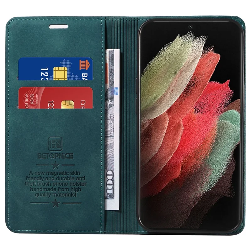 BETOPNICE 003 Pour Samsung Galaxy S21 Ultra 5G Étui de téléphone en cuir avec support Couverture de portefeuille RFID Blocking - Vert