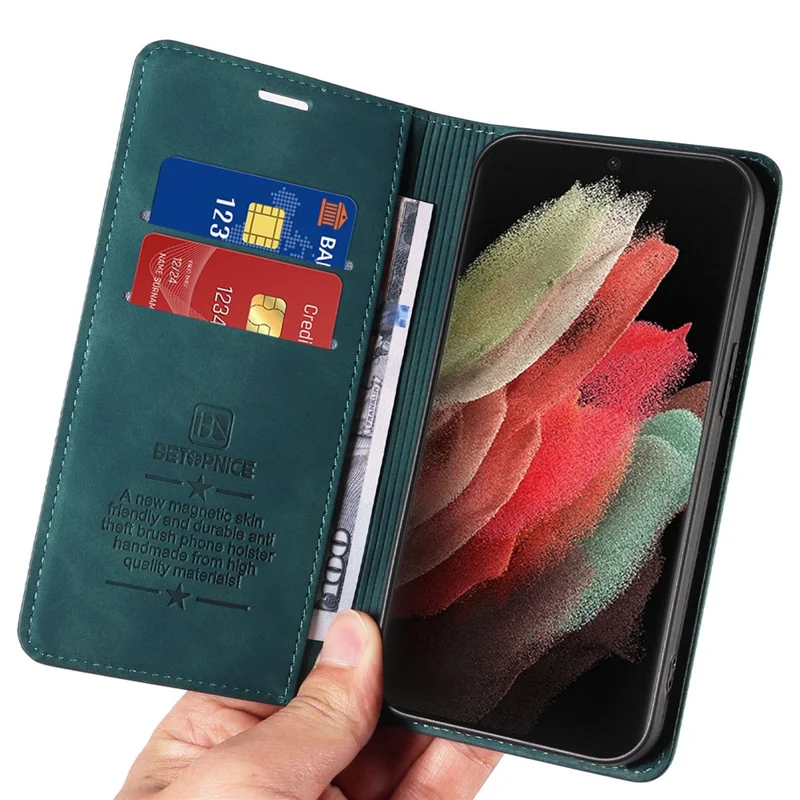 BETOPNICE 003 Pour Samsung Galaxy S21 Ultra 5G Étui de téléphone en cuir avec support Couverture de portefeuille RFID Blocking - Vert