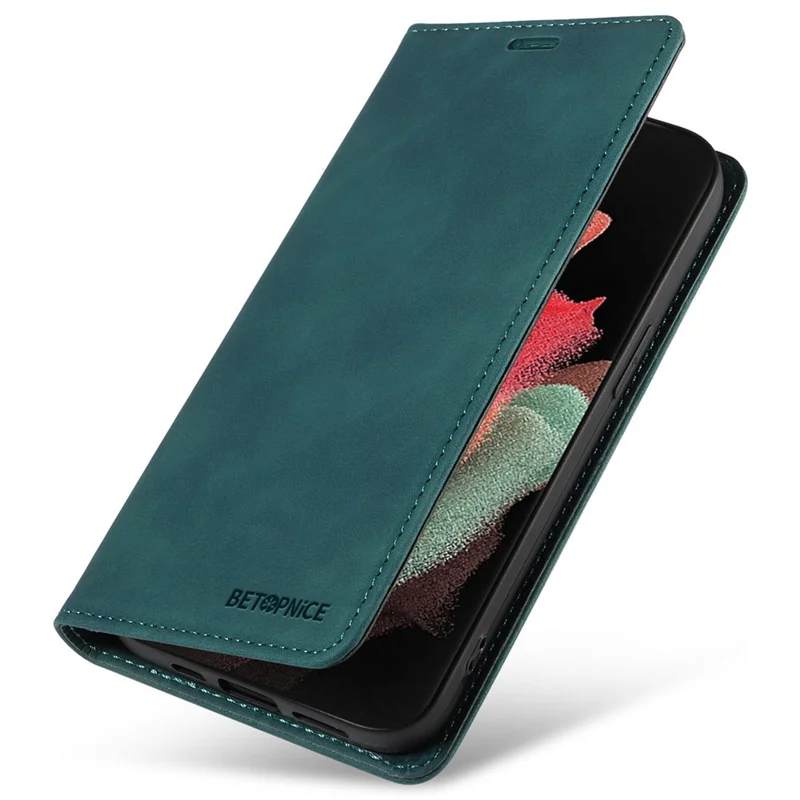 BETOPNICE 003 Pour Samsung Galaxy S21 Ultra 5G Étui de téléphone en cuir avec support Couverture de portefeuille RFID Blocking - Vert