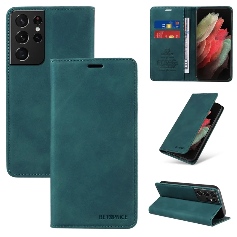 BETOPNICE 003 Pour Samsung Galaxy S21 Ultra 5G Étui de téléphone en cuir avec support Couverture de portefeuille RFID Blocking - Vert