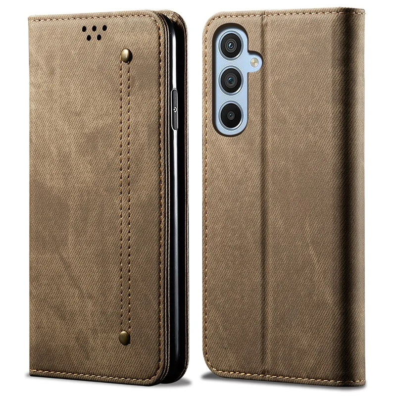For Samsung Galaxy A25 5G (Global) (161.0 x 76.5 x 8.3mm) Wallet PU Leather Shockproof Cover Jeans Cloth Texture Phone Stand Case - Khaki