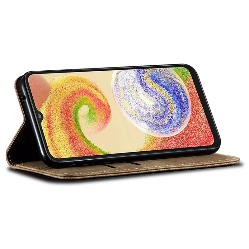 For Samsung Galaxy A25 5G (Global) (161.0 x 76.5 x 8.3mm) Wallet PU Leather Shockproof Cover Jeans Cloth Texture Phone Stand Case - Khaki