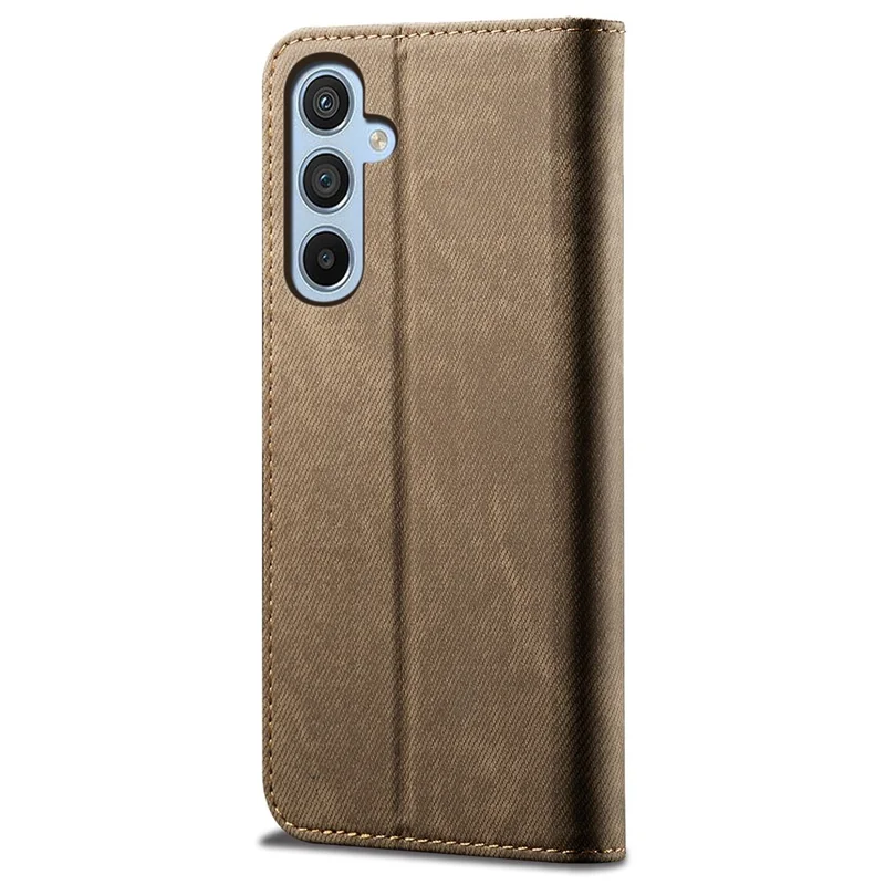 For Samsung Galaxy A25 5G (Global) (161.0 x 76.5 x 8.3mm) Wallet PU Leather Shockproof Cover Jeans Cloth Texture Phone Stand Case - Khaki