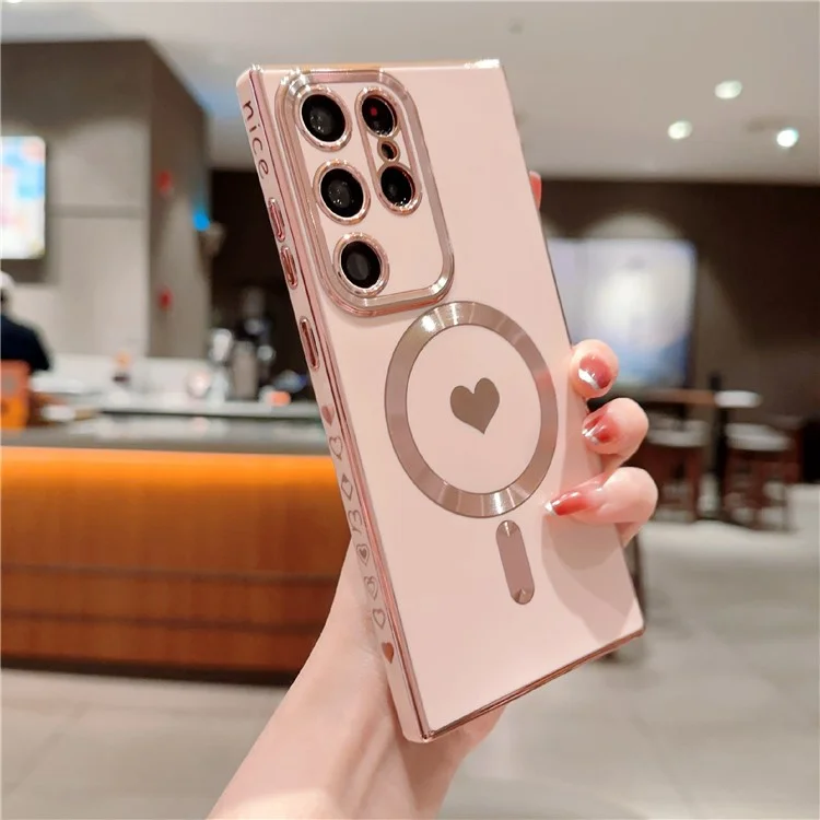 Per Samsung Galaxy S22 Ultra 5G Phone TPU Case 6D Elettroplaccatura Copertina a Cuore Compatibile con MagSafe - Rosa