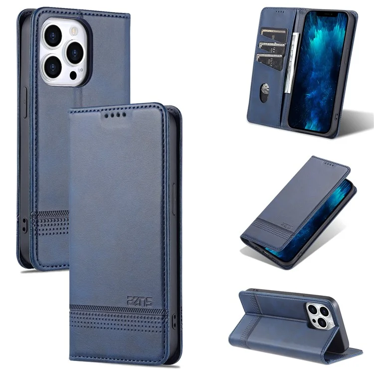 AZNS PU Leather + TPU Phone Case for iPhone 15 , Wallet Stand Anti-drop Cover - Blue