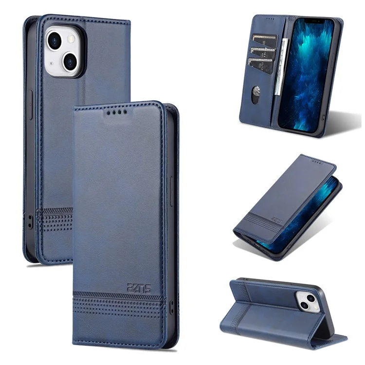 AZNS For iPhone 15 Plus Anti-scratch PU Leather Case Stand Wallet Phone Cover - Blue