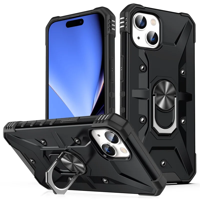 For iPhone 15 TPU+ PC Protective Phone Case Ring Holder Kickstand Back Cover - Black