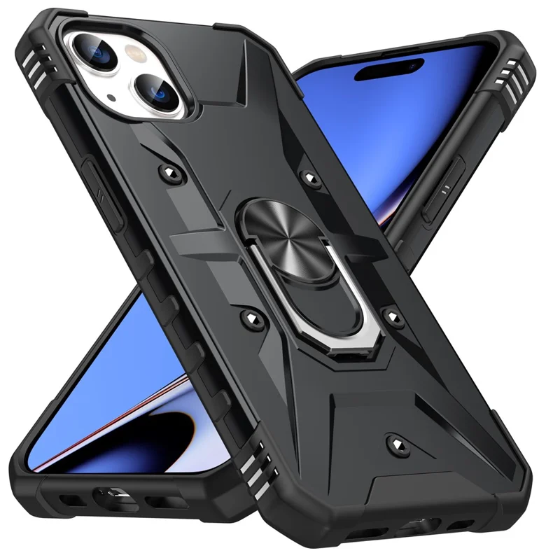 For iPhone 15 TPU+ PC Protective Phone Case Ring Holder Kickstand Back Cover - Black