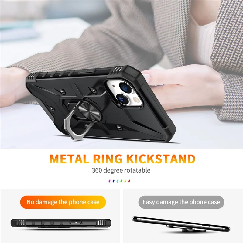 For iPhone 15 TPU+ PC Protective Phone Case Ring Holder Kickstand Back Cover - Black