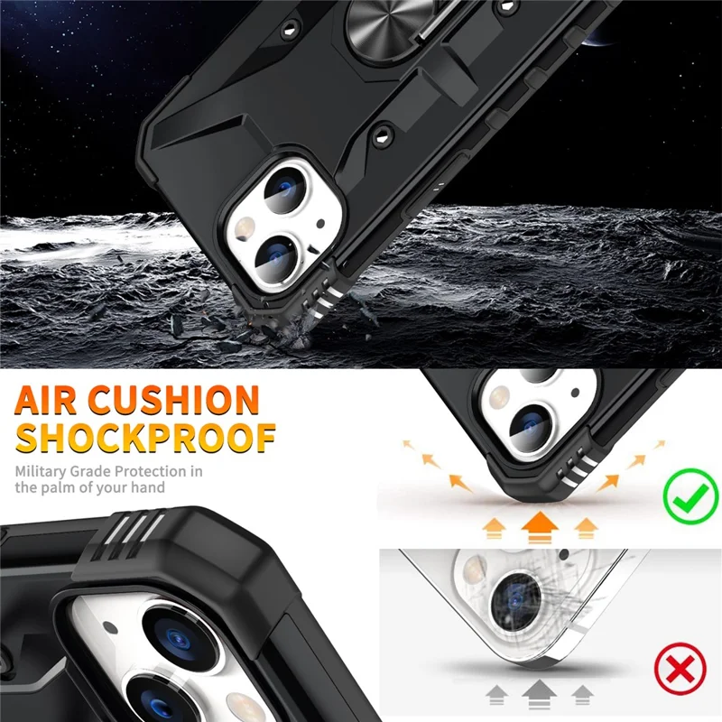 For iPhone 15 TPU+ PC Protective Phone Case Ring Holder Kickstand Back Cover - Black