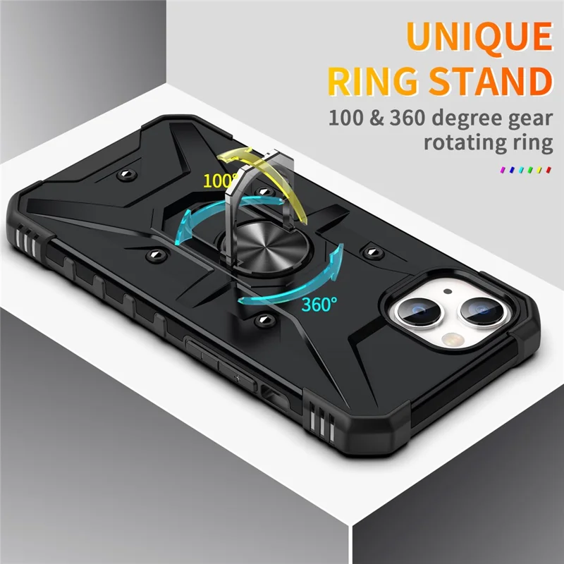 For iPhone 15 TPU+ PC Protective Phone Case Ring Holder Kickstand Back Cover - Black
