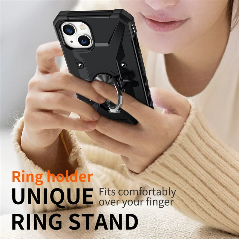 For iPhone 15 TPU+ PC Protective Phone Case Ring Holder Kickstand Back Cover - Black