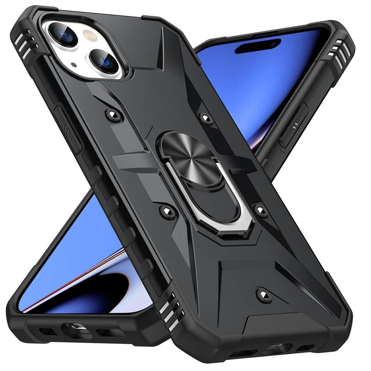 For iPhone 15 Plus Kickstand Case Work with Magnetic Car Mount PC+ TPU Phone Cover - Black